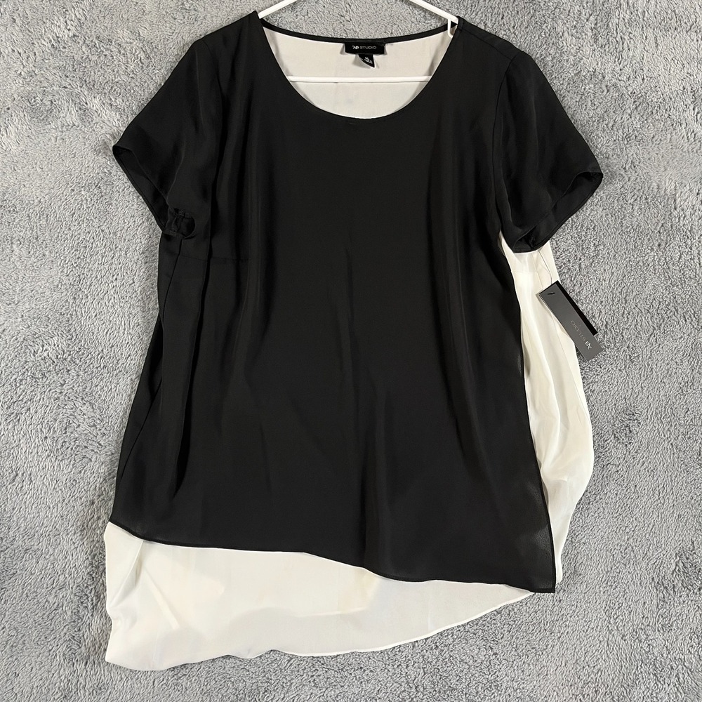 AB Studio Blouse Top Womens XL Black White Boho Chic Career Asymmetrical Layered
